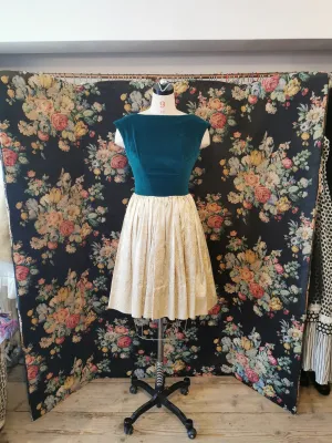 60s Green velvet boat neck party dress with gold brocade skirt