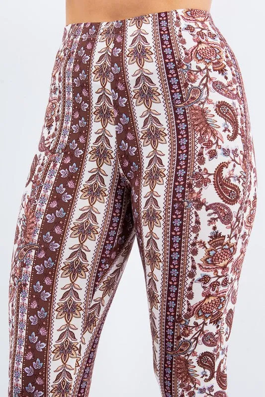 Bear Dance Paisley Scroll Skinny Brushed Pants -  Reddish Brown