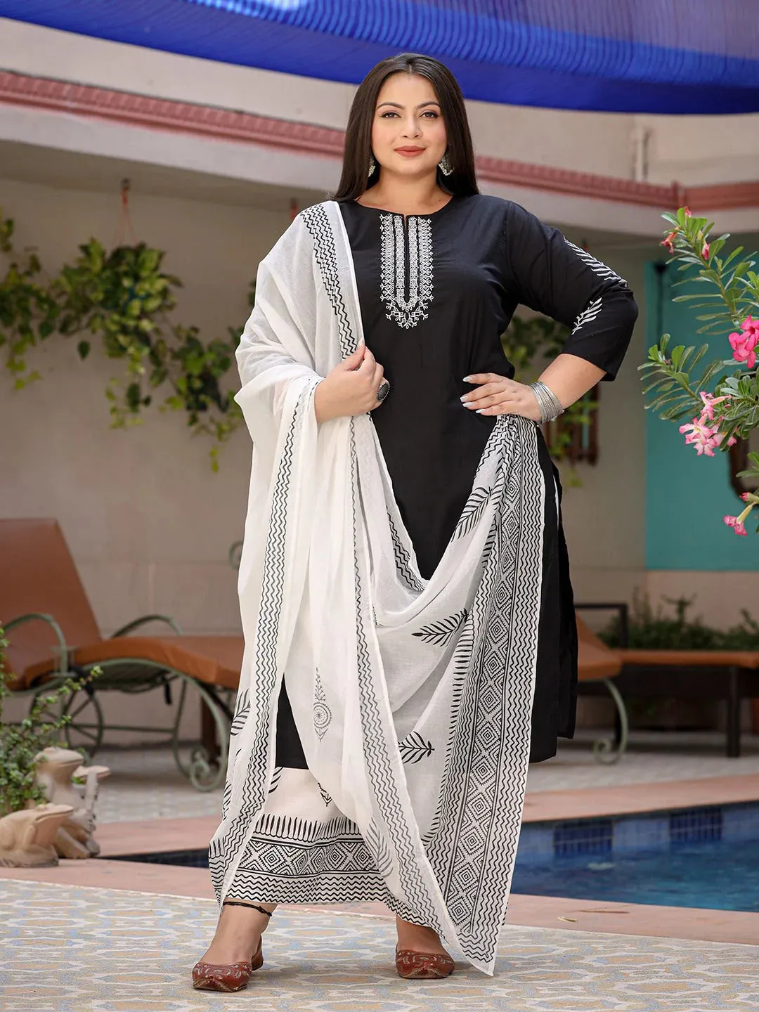 Black & White Cotton Ethnic Motif Embroidered & Printed Suit Set with Voile Dupatta