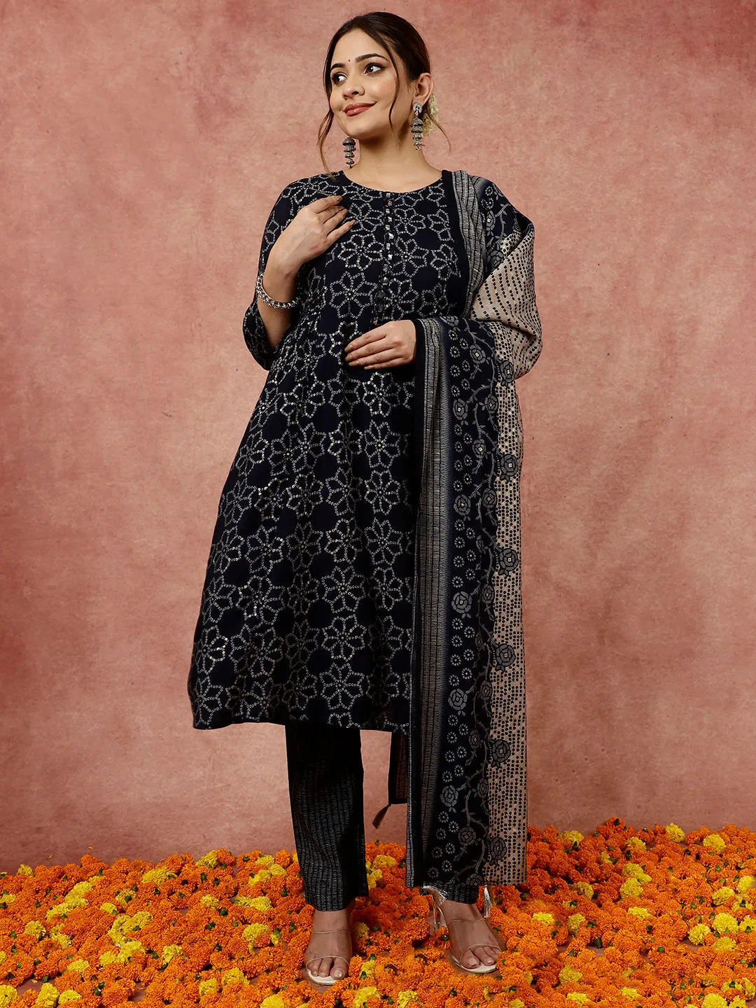 Blue Bandhani Flared Print Kurta With Pants And Dupatta