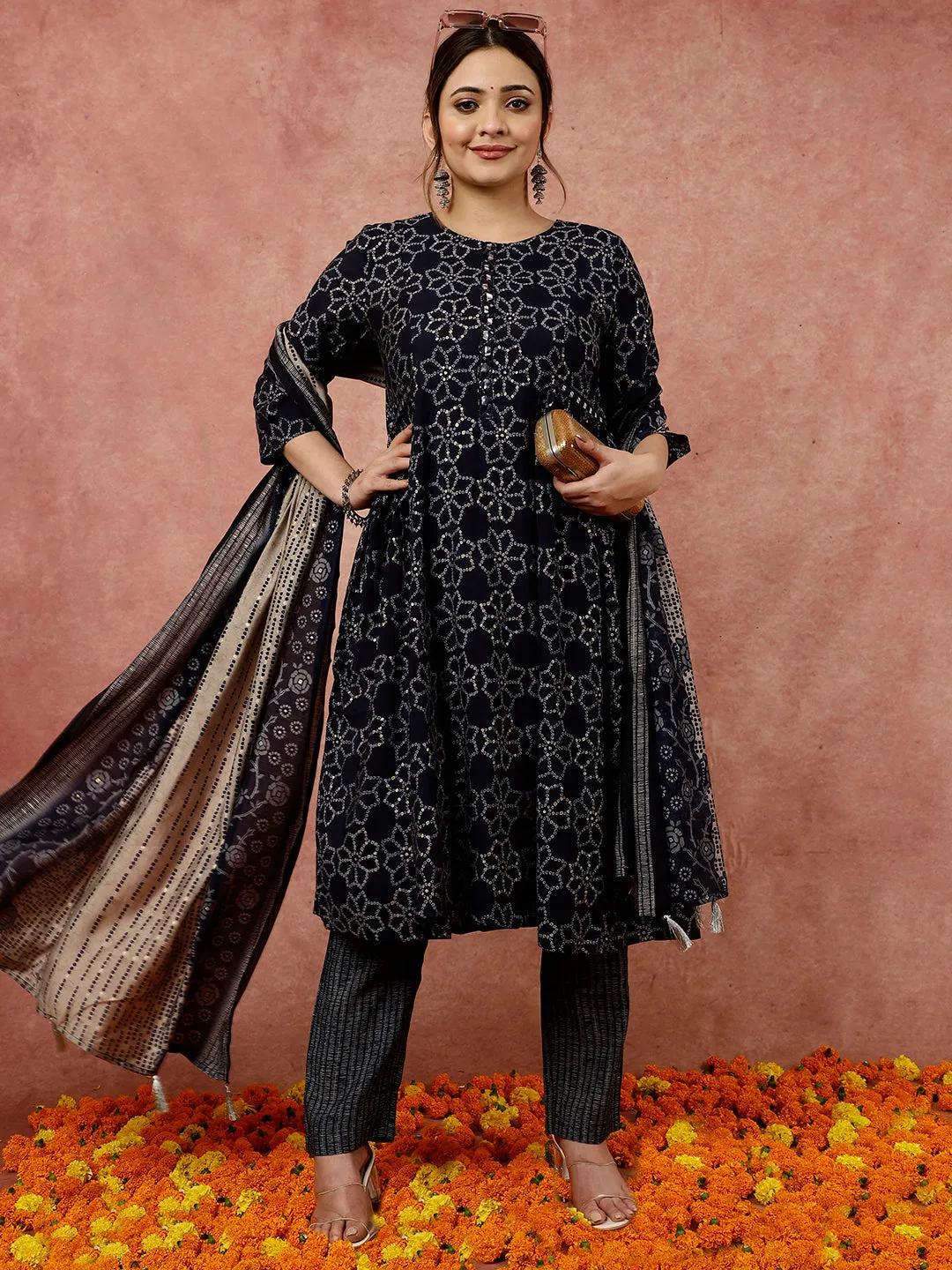 Blue Bandhani Flared Print Kurta With Pants And Dupatta