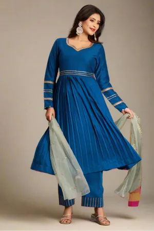 Blue Flared Anarkali Kurta Set with Trousers and Dupatta