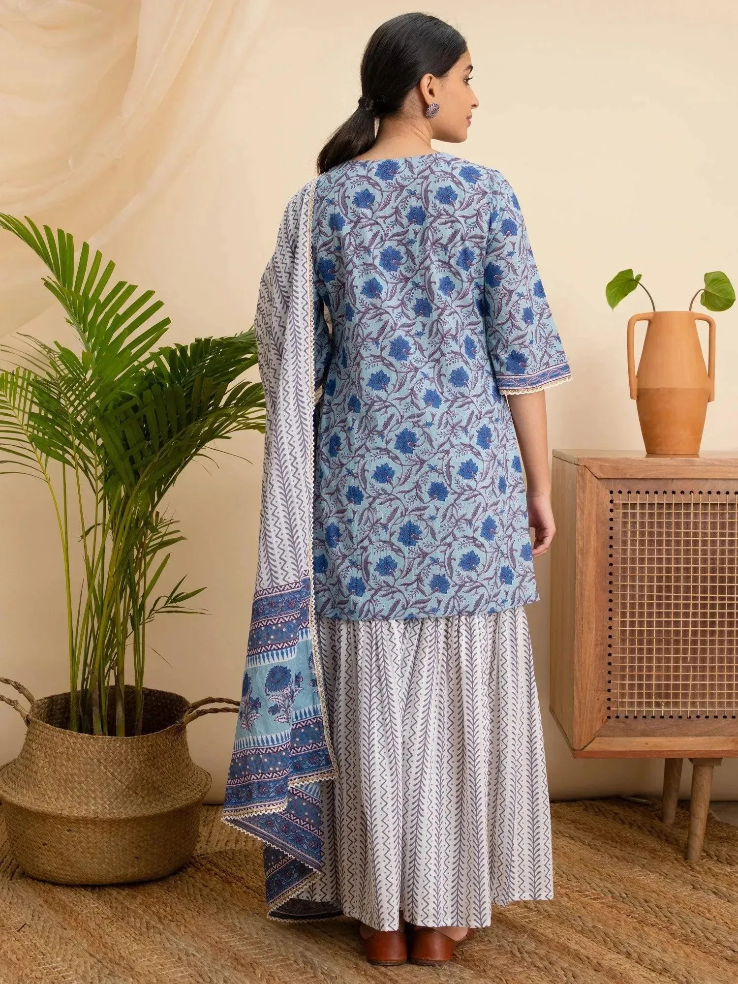 Blue Printed Cotton Straight Kurta With Sharara & Dupatta