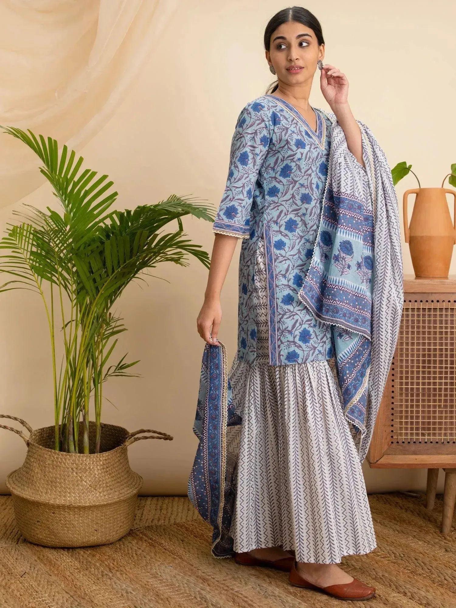 Blue Printed Cotton Straight Kurta With Sharara & Dupatta