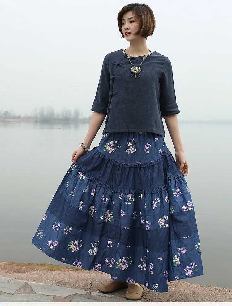 Bohemian Chic Long Denim Skirt for Free-Spirited Women