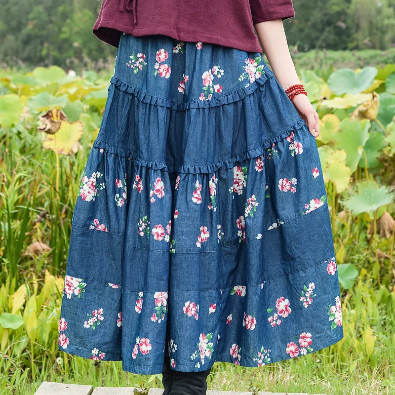 Bohemian Chic Long Denim Skirt for Free-Spirited Women