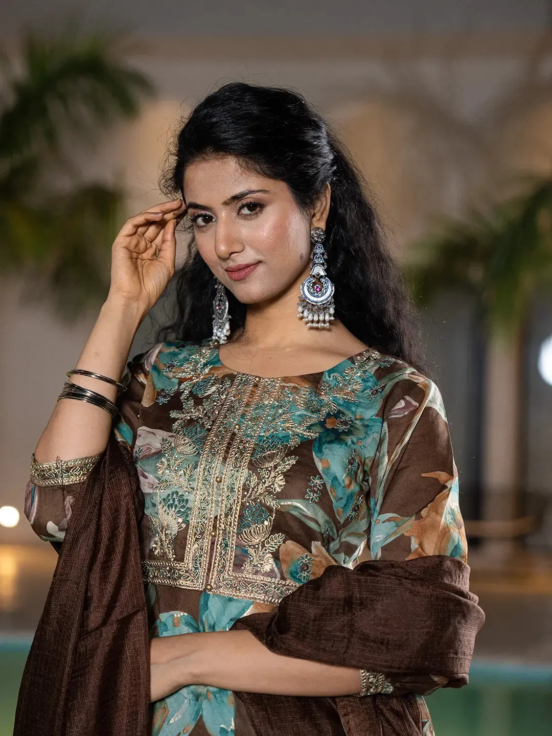 Brown Cotton Floral Print & Embroidered Kurta with Rayon Dhoti Set with Dupatta