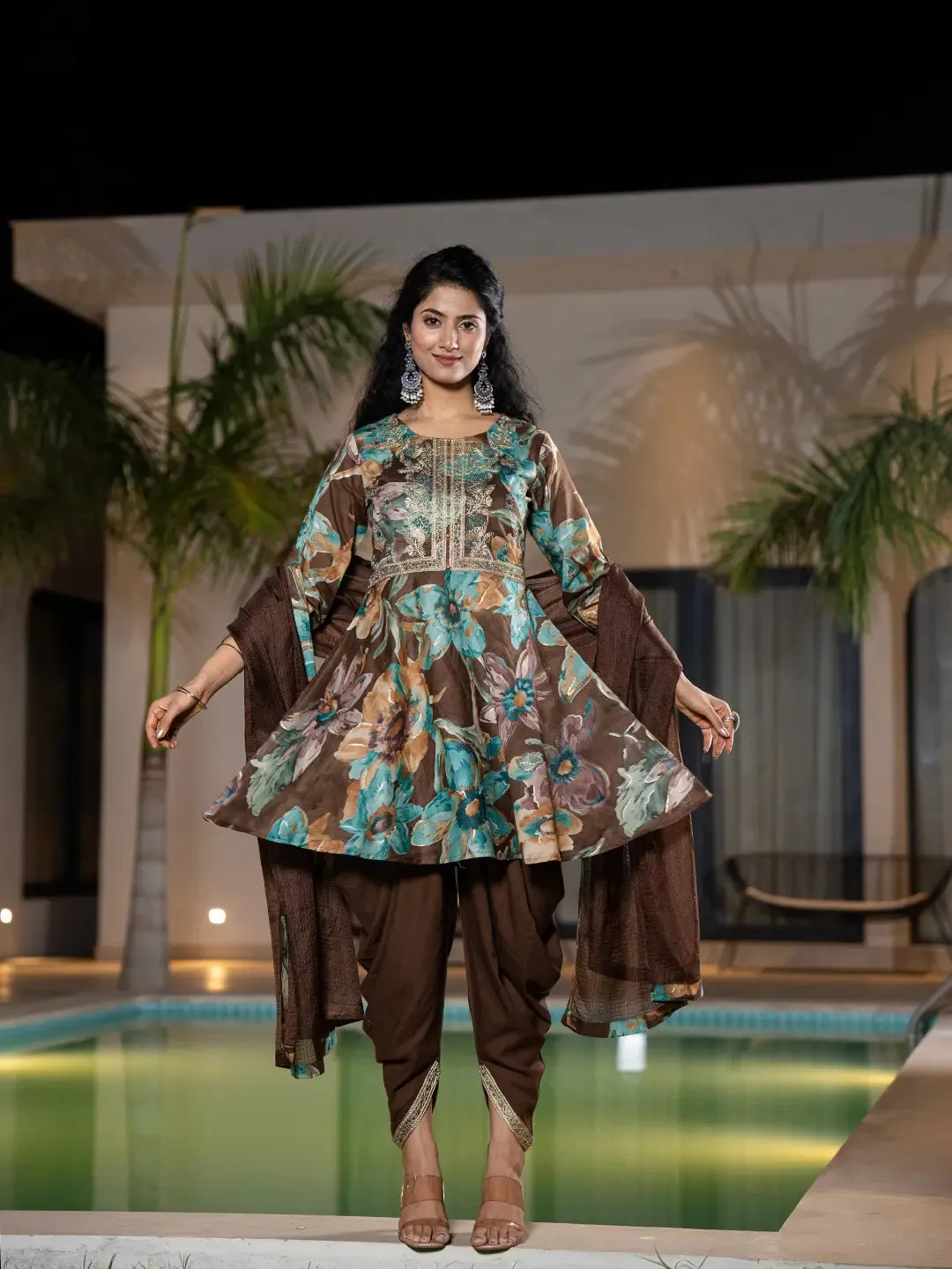 Brown Cotton Floral Print & Embroidered Kurta with Rayon Dhoti Set with Dupatta