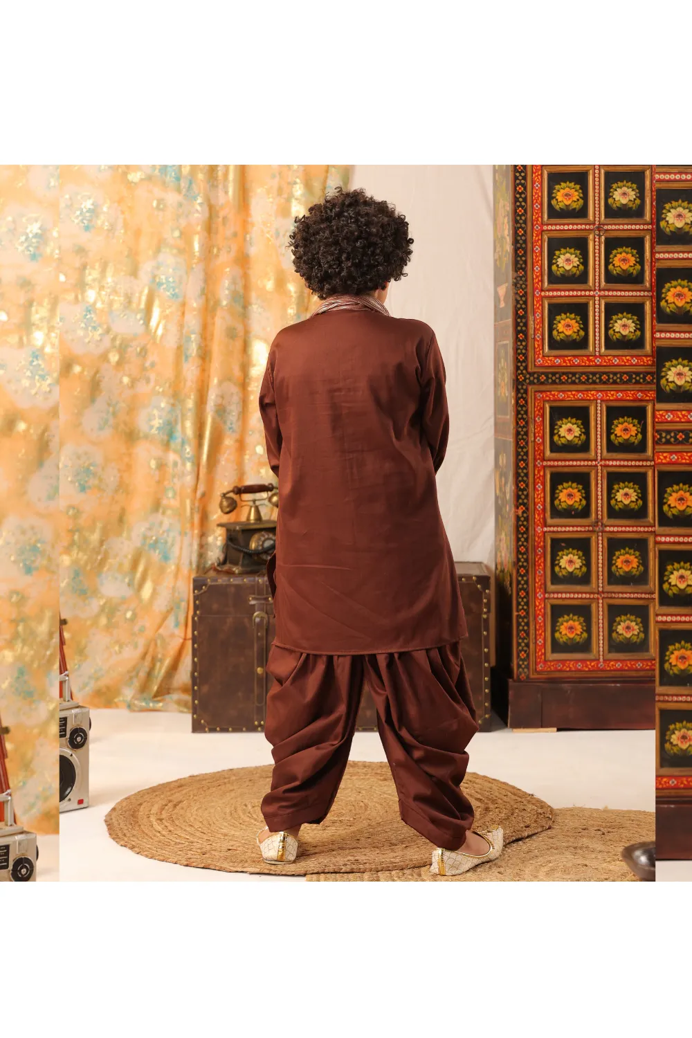 Brown Faux Mirror Embellished Kurta And Flared Balloon Pants Set