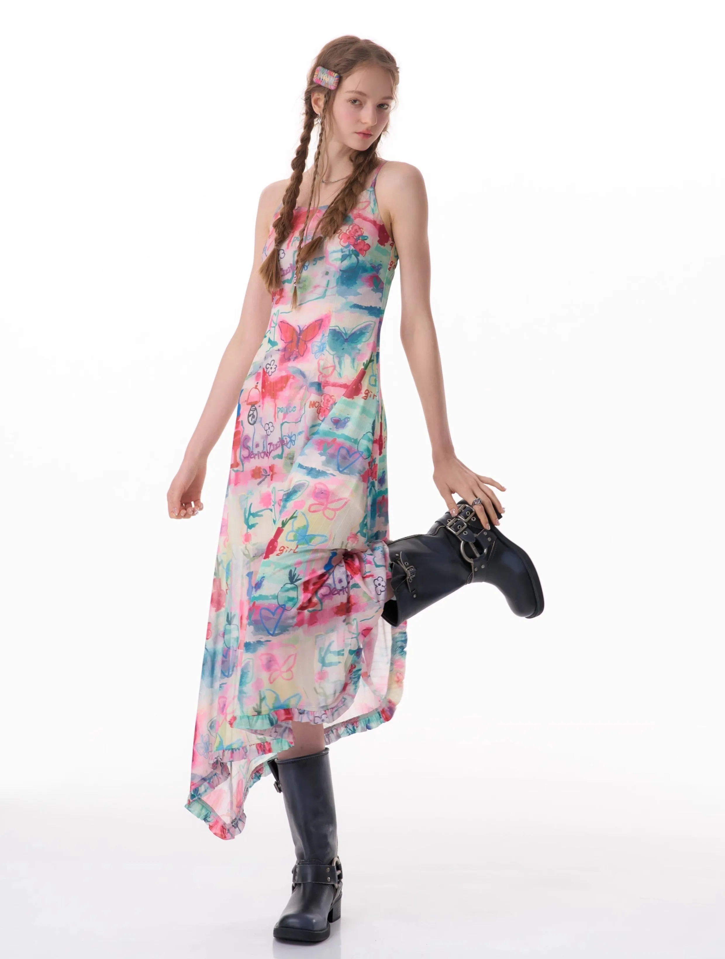 Butterfly Print Midi Slip Dress