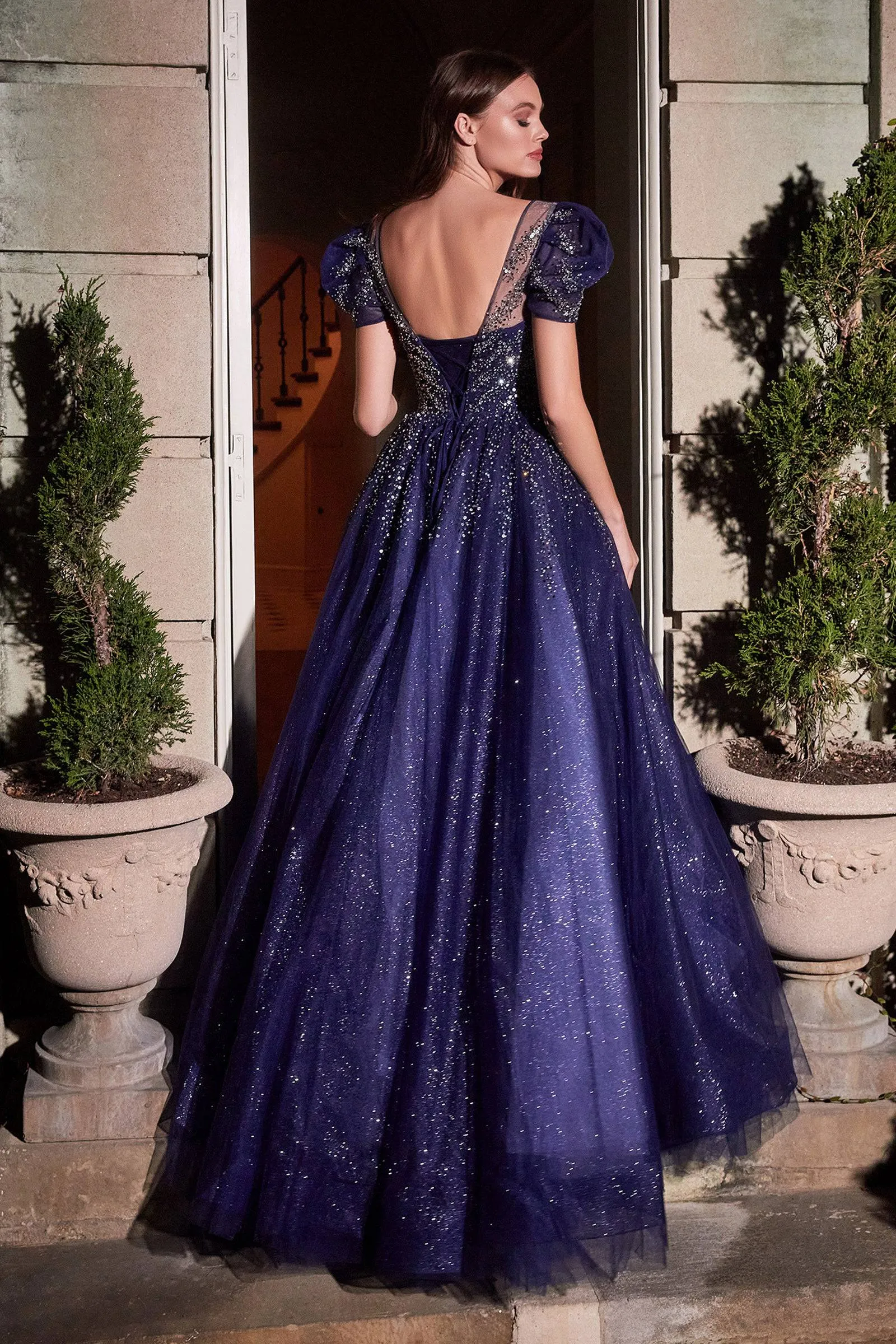 Cinderella Divine B702 Navy Ball Gown Featuring Sparkling Layered Tulle