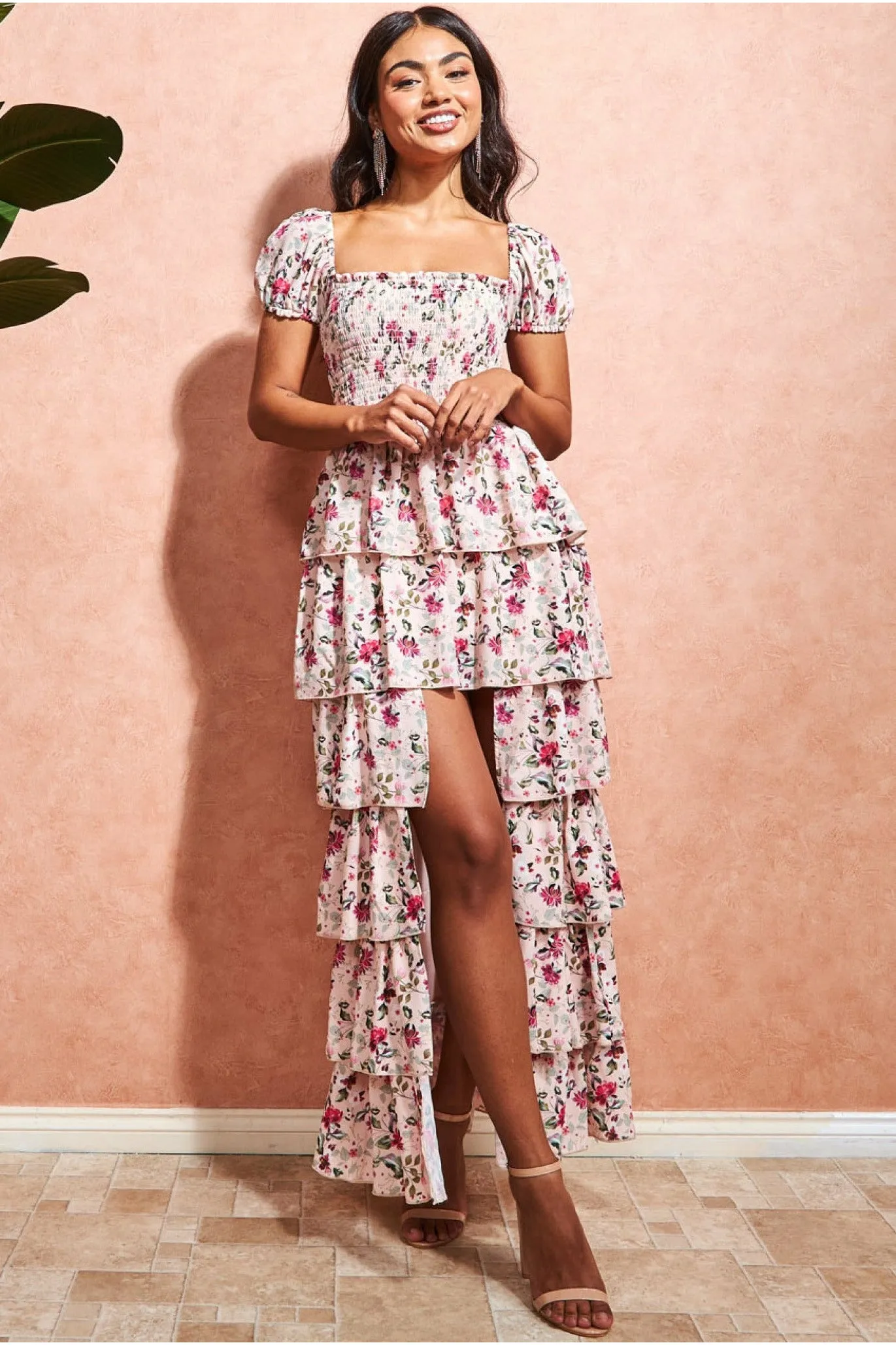 City Goddess Layered Dipped Hem Floral Maxi Dress