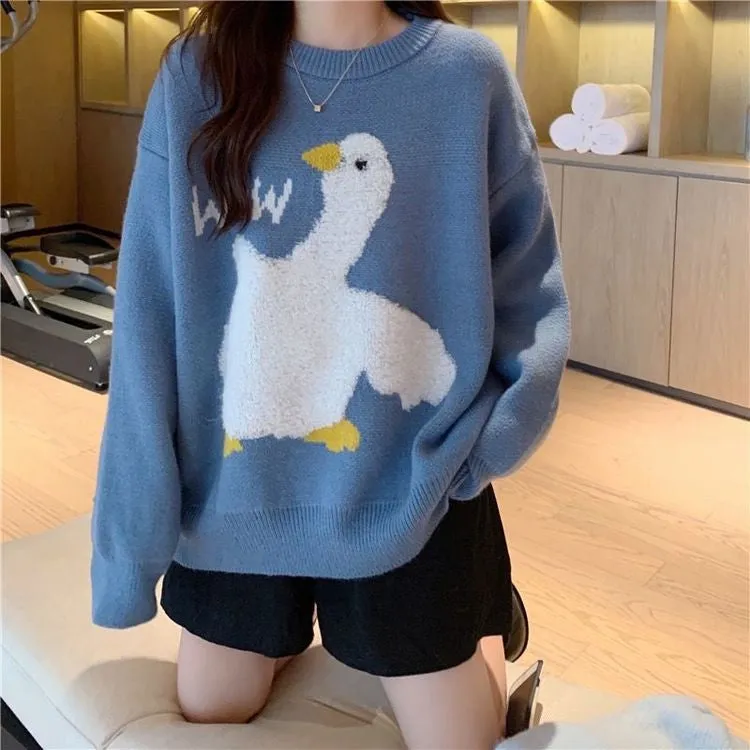 Cute Duck Pattern O-Neck Loose Sweater