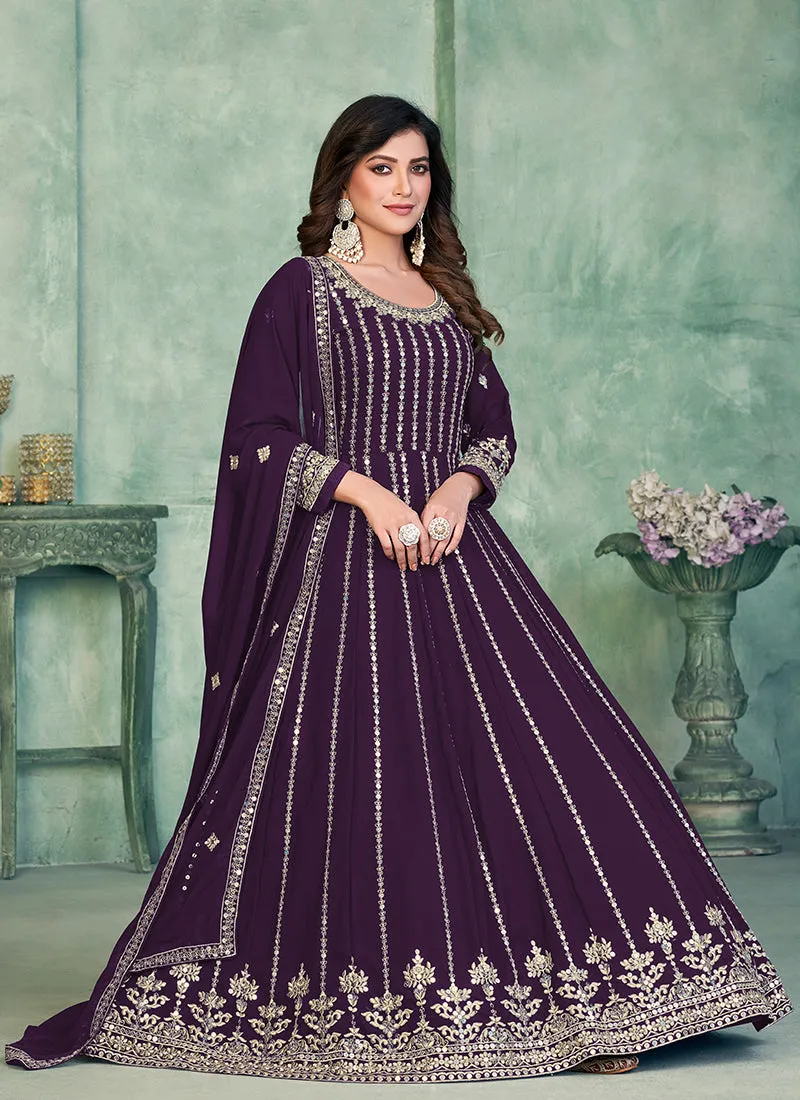 Deep Purple Sequence Embroidery Traditional Anarkali Suit