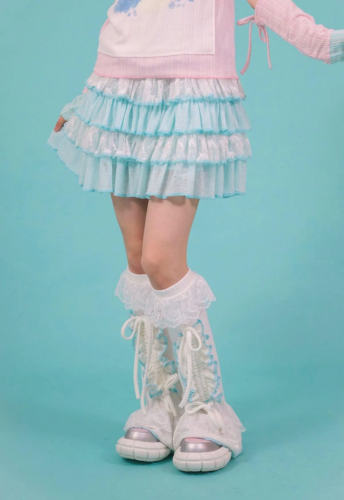 Frufru Tiered Ruffle Skirt - Girls' Pastel Blue And White Layered Summer Mini Skirt