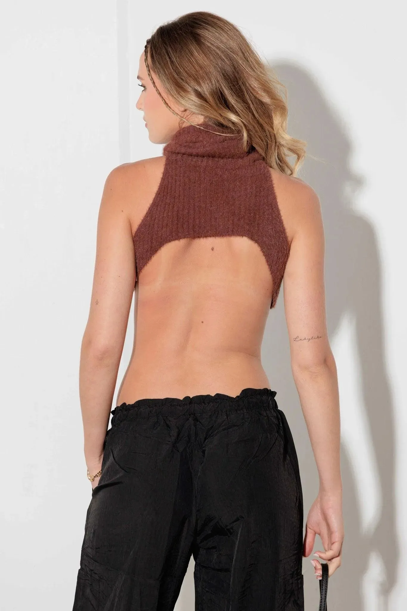 Fuzzy Cropped Turtleneck Backless Top Sweater