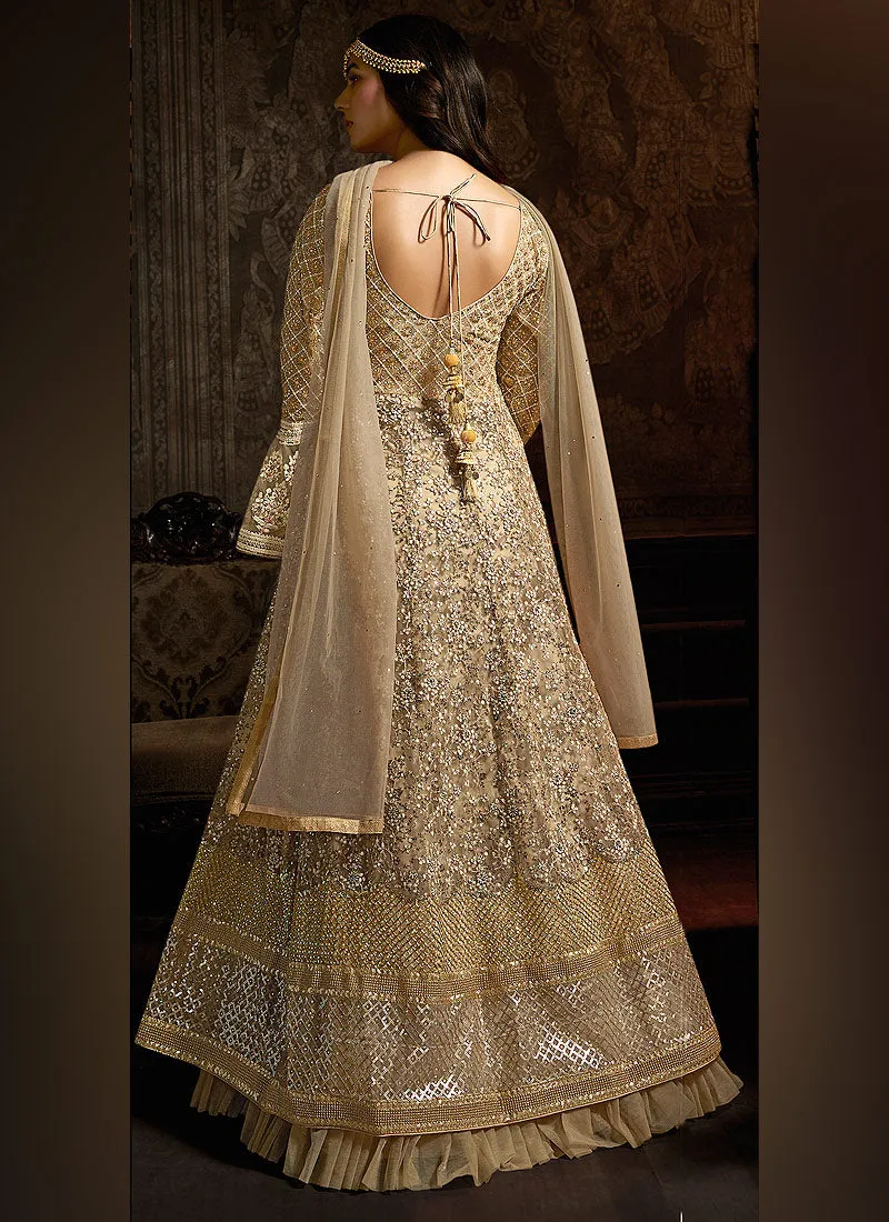 Golden Beige Embroidered Layered Anarkali Suit