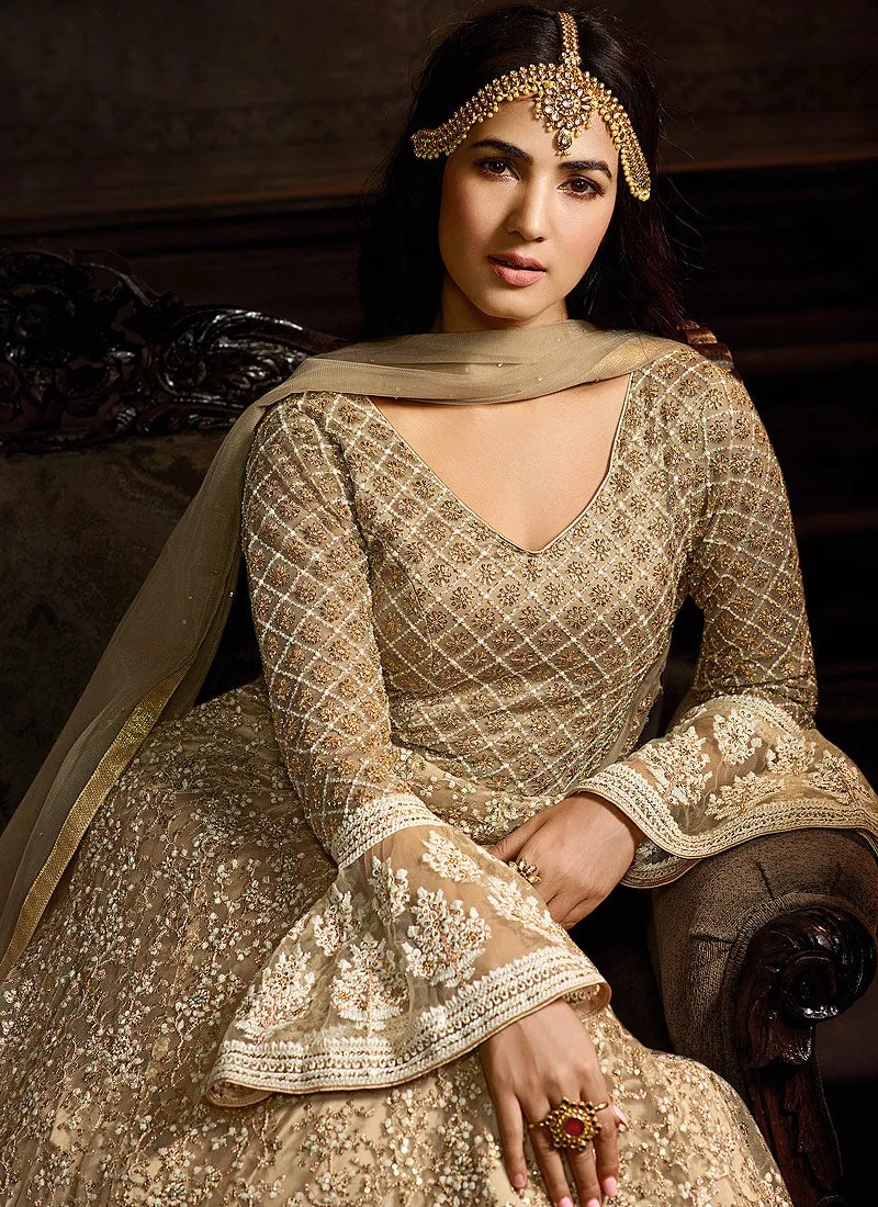 Golden Beige Embroidered Layered Anarkali Suit