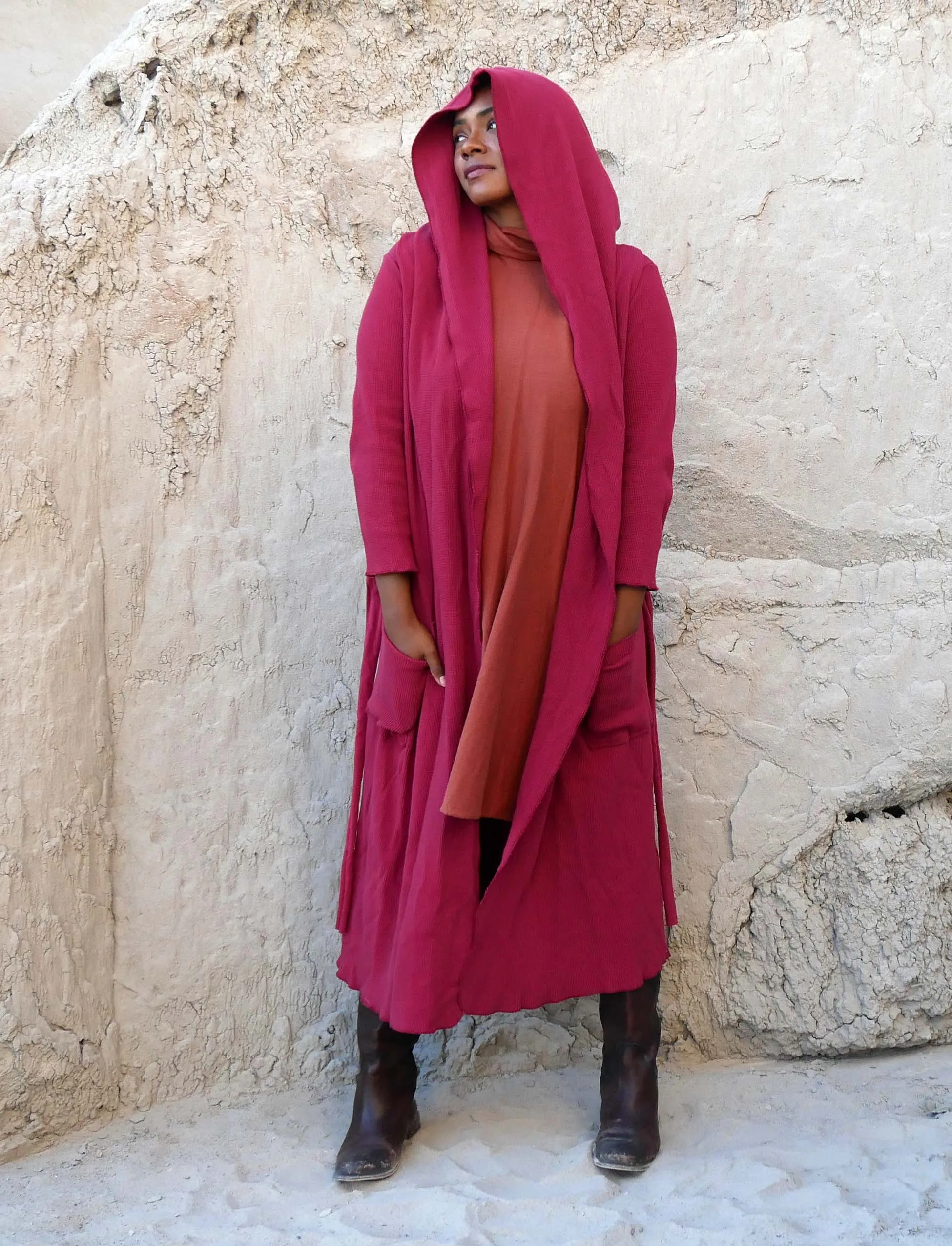 Hooded Cocoon Belted Below Knee Jacket