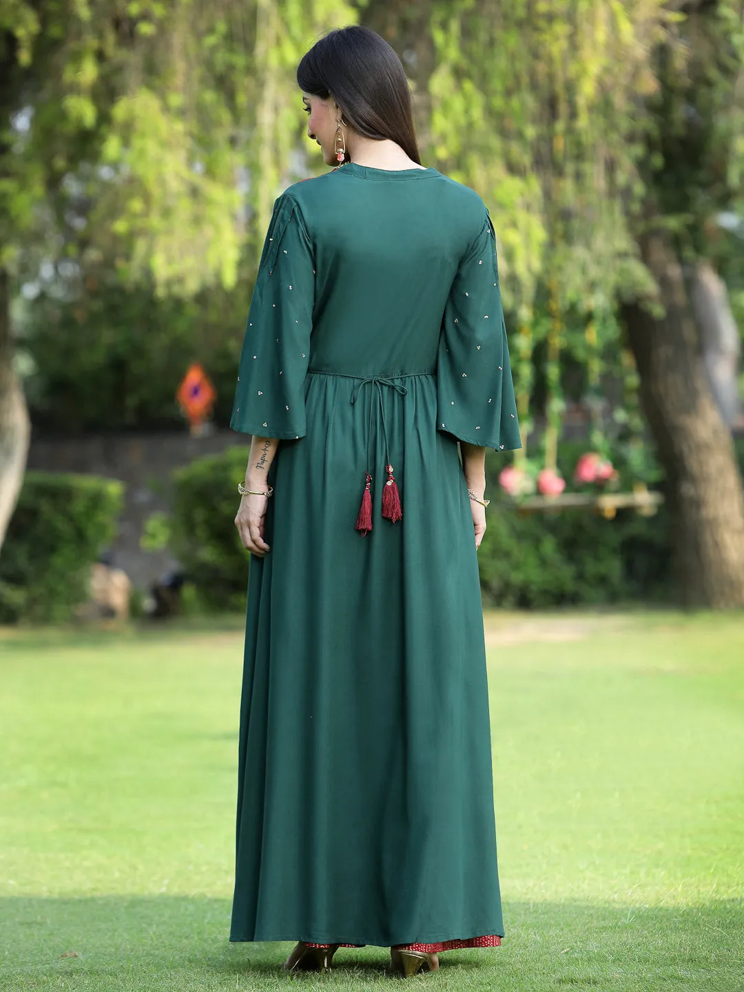 Jade Green Rayon Embroidered High-Slit Kurta & Pants Set