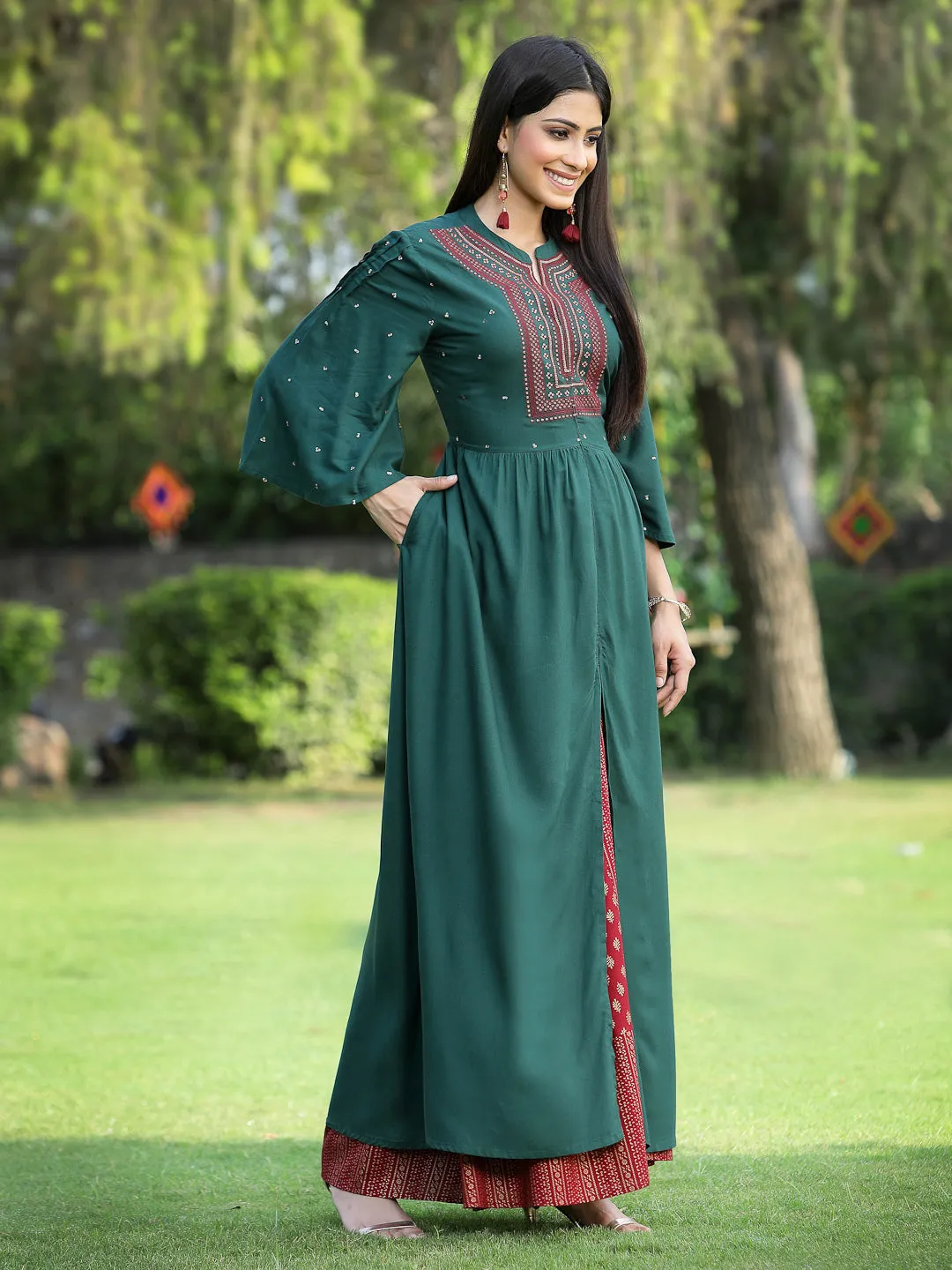 Jade Green Rayon Embroidered High-Slit Kurta & Pants Set