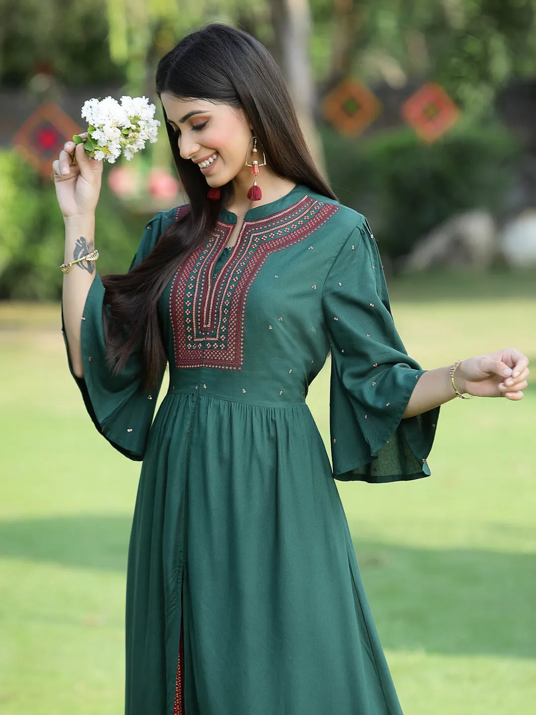 Jade Green Rayon Embroidered High-Slit Kurta & Pants Set