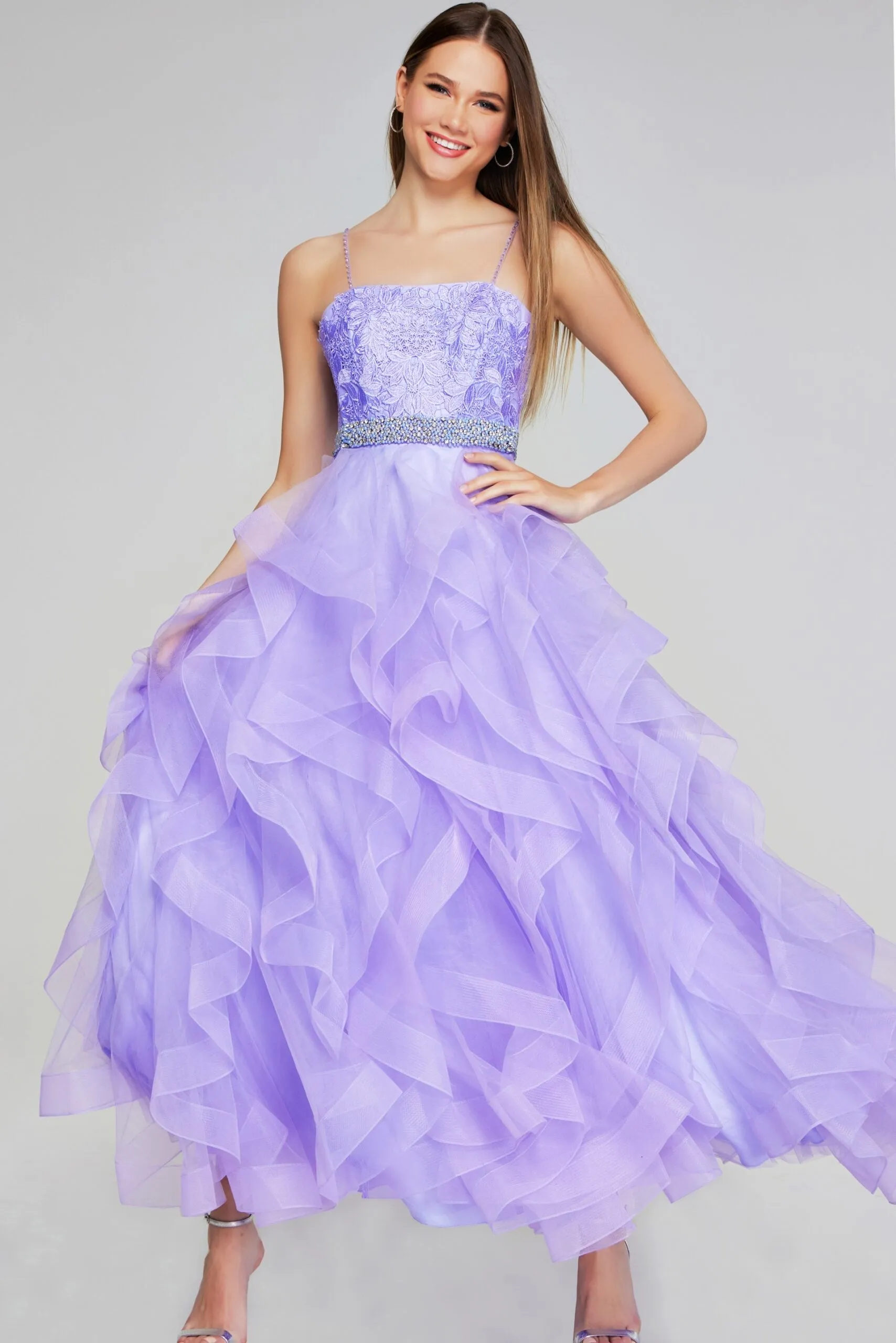 Jovani - K23519 - Beaded Waist Rosette Layered Evening Gown