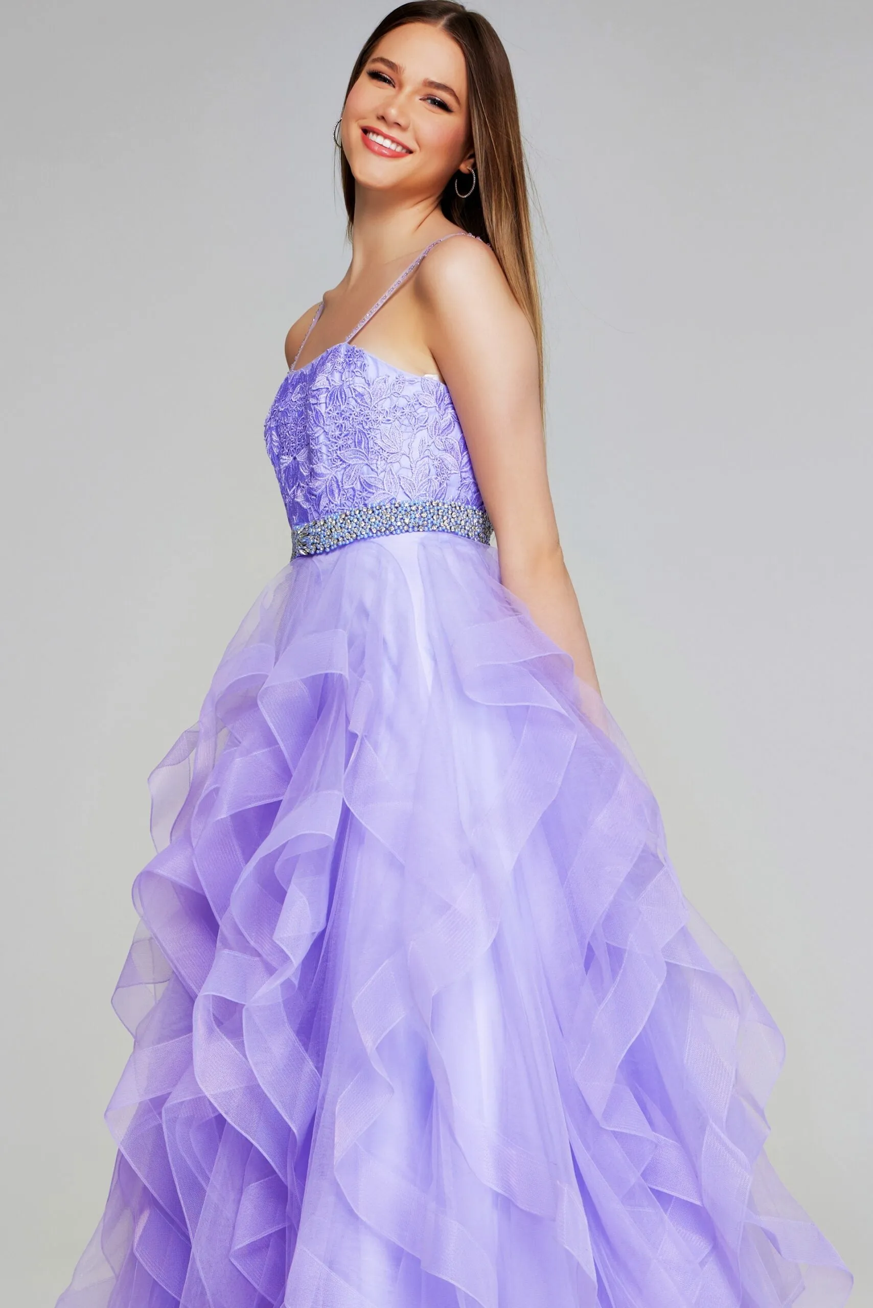 Jovani - K23519 - Beaded Waist Rosette Layered Evening Gown