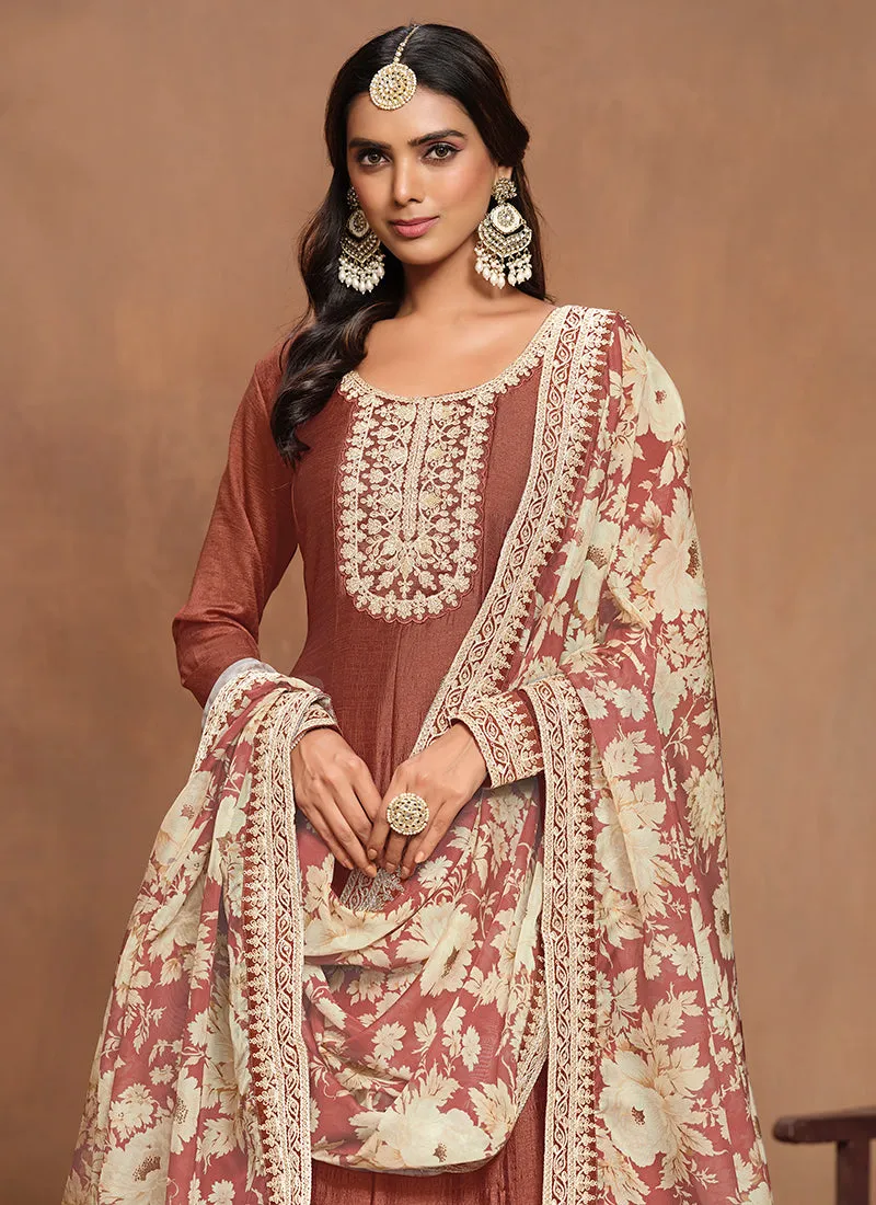 Light Brown Embroidery Silk Anarkali Suit