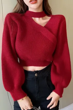 Long Sleeve Cut Neck Slim Sweater