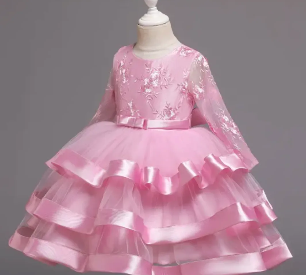 Long Sleeve Satin Tulle Flower Girl Party Dress