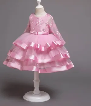 Long Sleeve Satin Tulle Flower Girl Party Dress