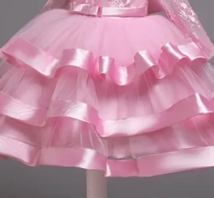 Long Sleeve Satin Tulle Flower Girl Party Dress