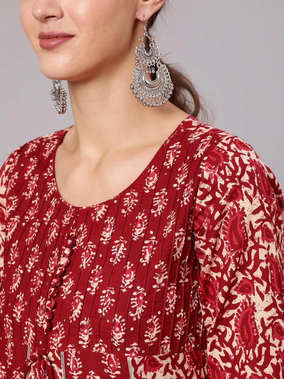 Maroon Cotton Printed A-Line Kurta With Pants