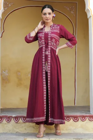 Maroon Rayon Printed Jacket Style Kurta & Pants Set