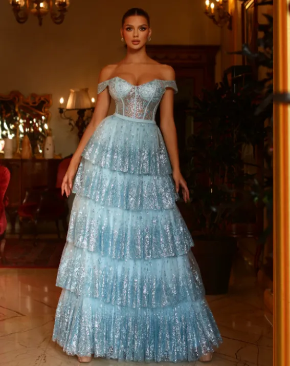 Maxine Layered Glitter Gown - Ice Blue