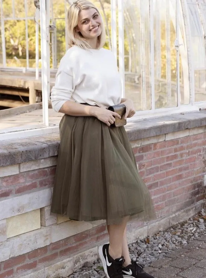 Midi Khaki Tulle Skirt