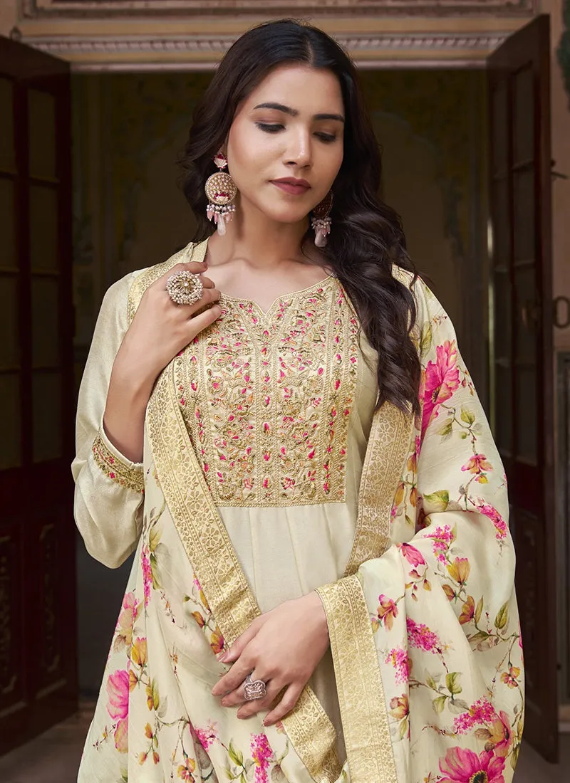 Off White Multi Embroidery Silk Anarkali Dress