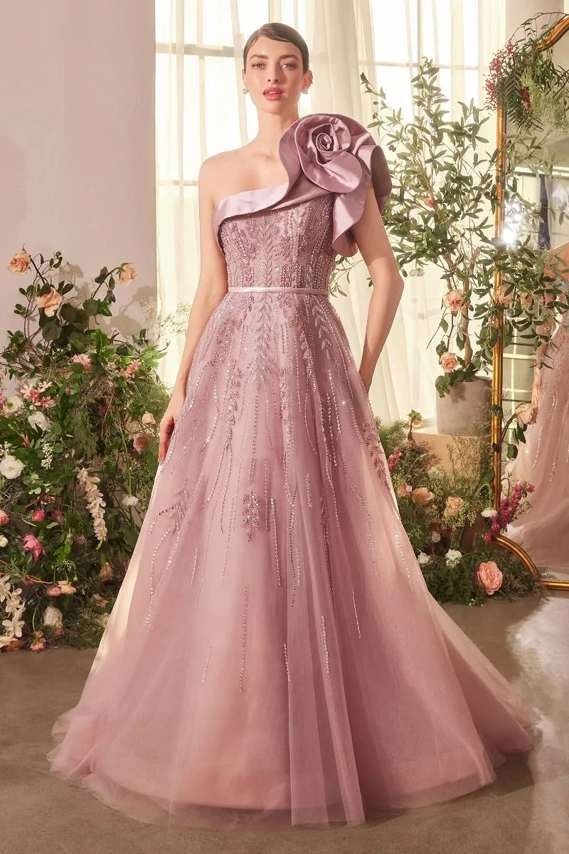 ONE SHOULDER ROSETTE MAUVE BALL GOWN CDA1373