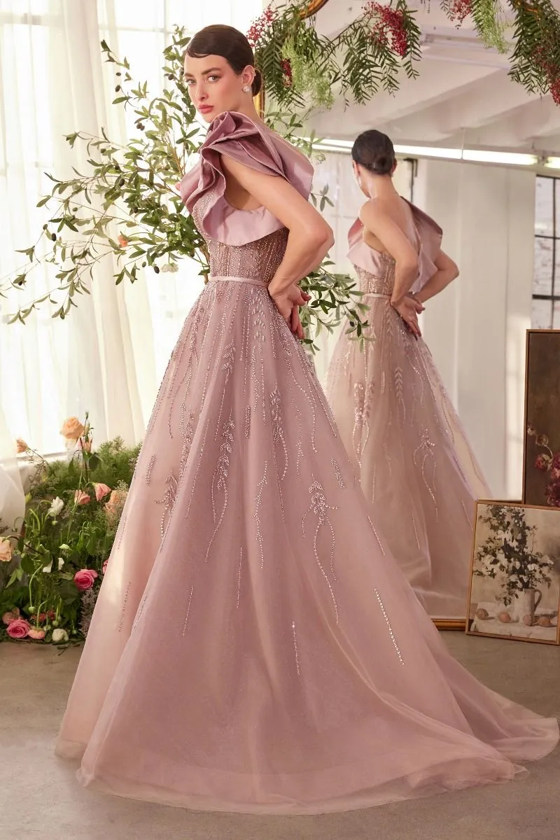 ONE SHOULDER ROSETTE MAUVE BALL GOWN CDA1373