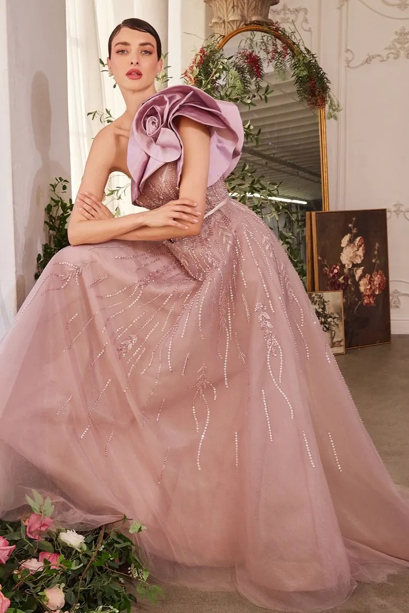 ONE SHOULDER ROSETTE MAUVE BALL GOWN CDA1373