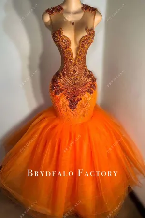 Orange Rhinestones Tulle Trumpet Floor Length Prom Dress