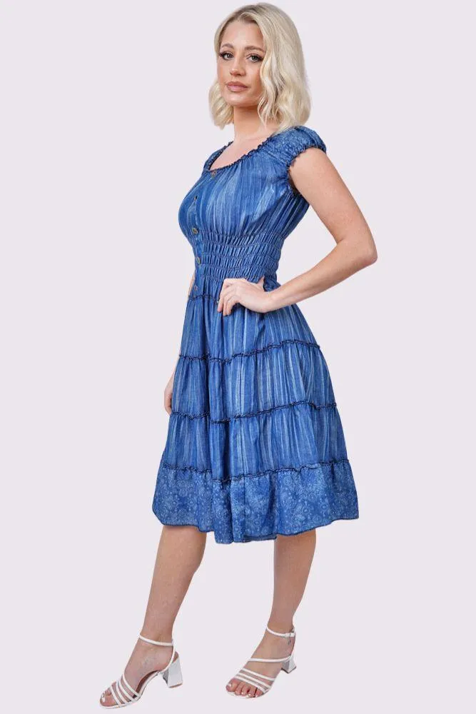 Paisley Print Shirred Waist Tiered Denim Cotton Dress