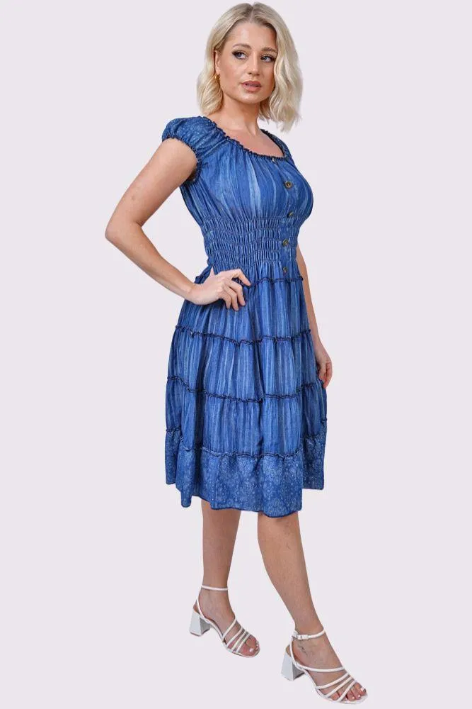 Paisley Print Shirred Waist Tiered Denim Cotton Dress