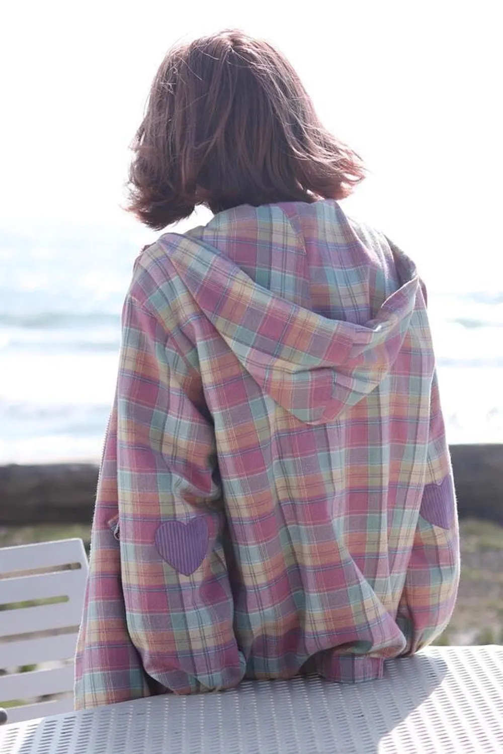 Pastel Pink Plaid Zipper Hooded Jacket