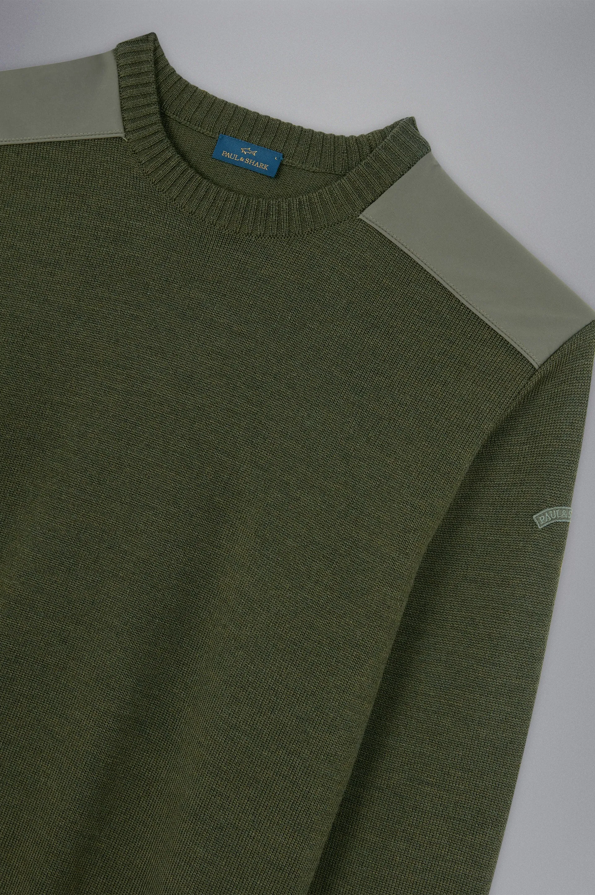 Paul & Shark Wool Crewneck Pullover with Typhoon Fabric and Moon Badge | Olive