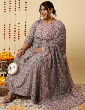 Plus Size Grey Ethnic Printed Flared Kurta With Zig-Zag Printed Pants And Dupatta