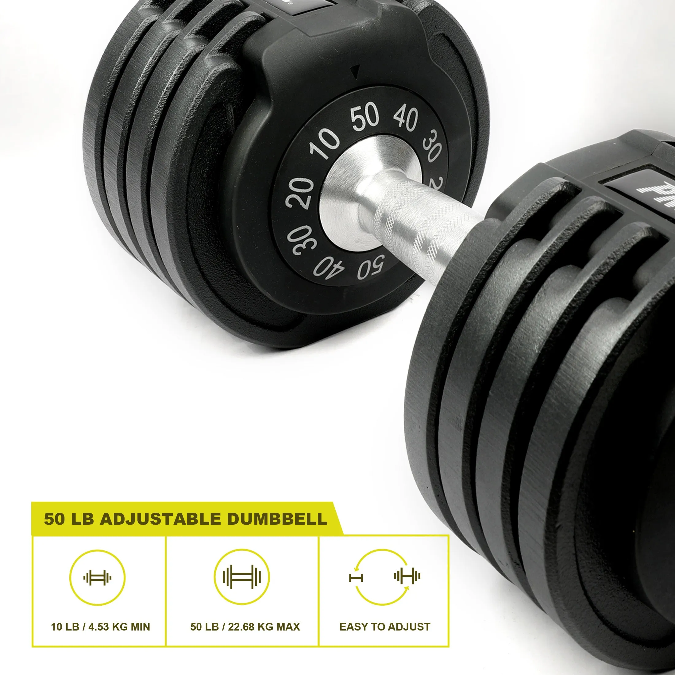 PRCTZ, 10-50lb Adjustable Dumbbell, 3-Point Safety Locking System, Single