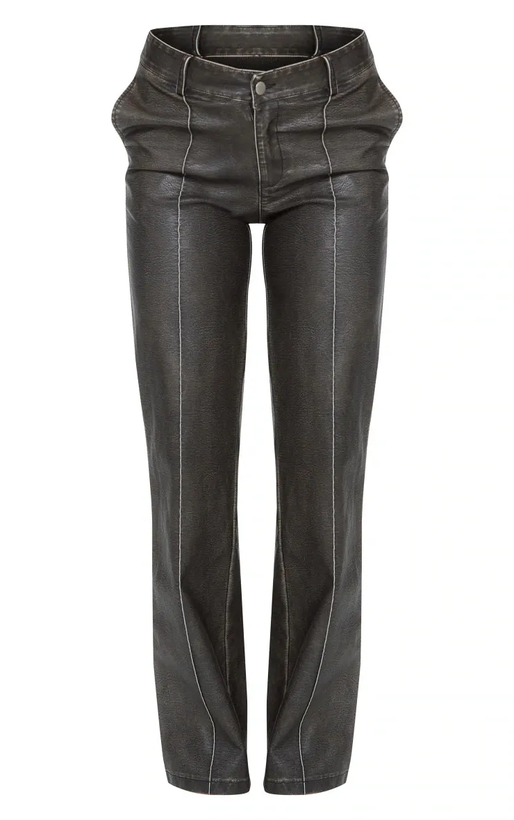 Premium Dark Brown Washed Faux Leather Dip Waist Flared Pants