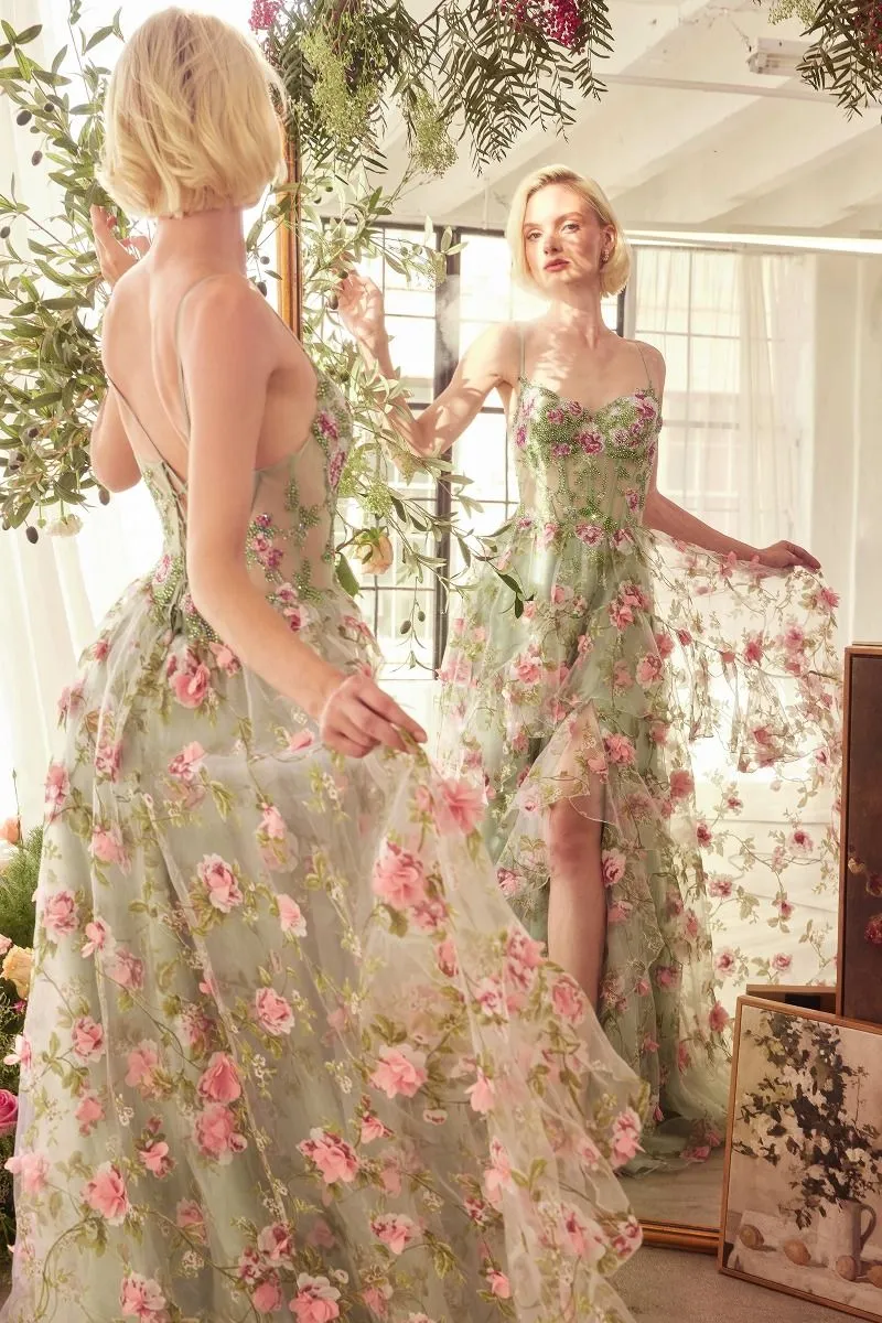 SAGE FLORAL PRINT LAYERED A-LINE DRESS CDA1420